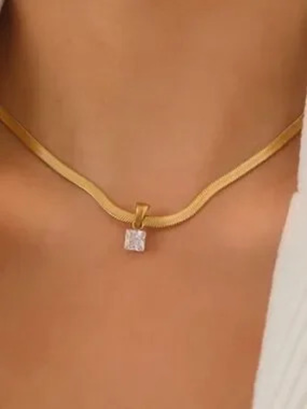 Gold Square CZ Herringbone Necklace (7554)